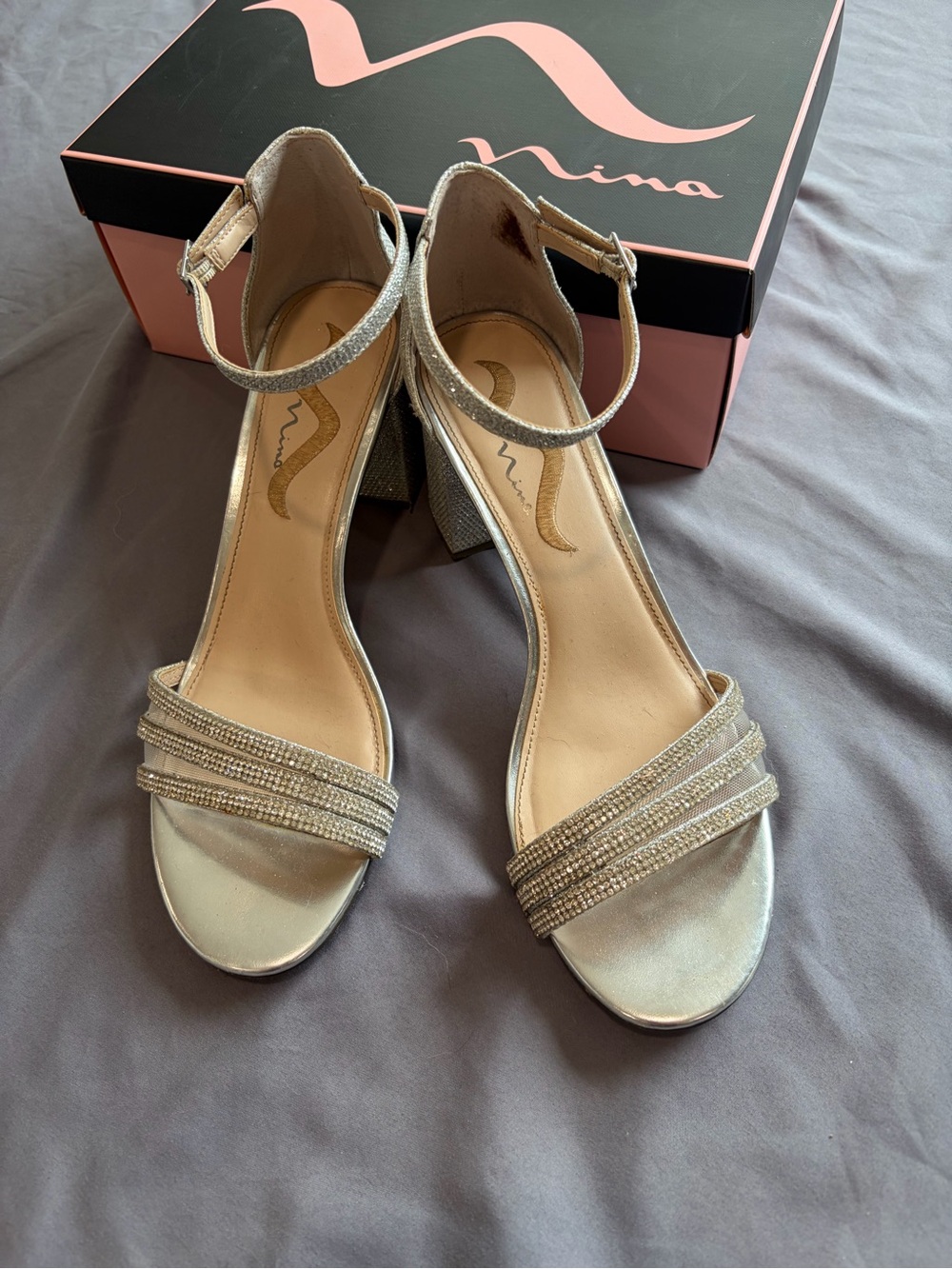 Nina Nagida Silver Dream Rhinestone Ankle-Strap Block Heels 10